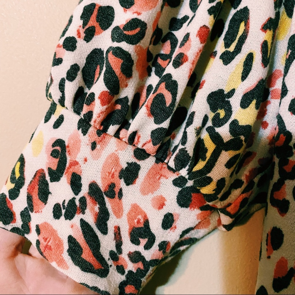 CY Fashion Leopard Print Top With Puffy Sleeves Yellow Pink White Black Large